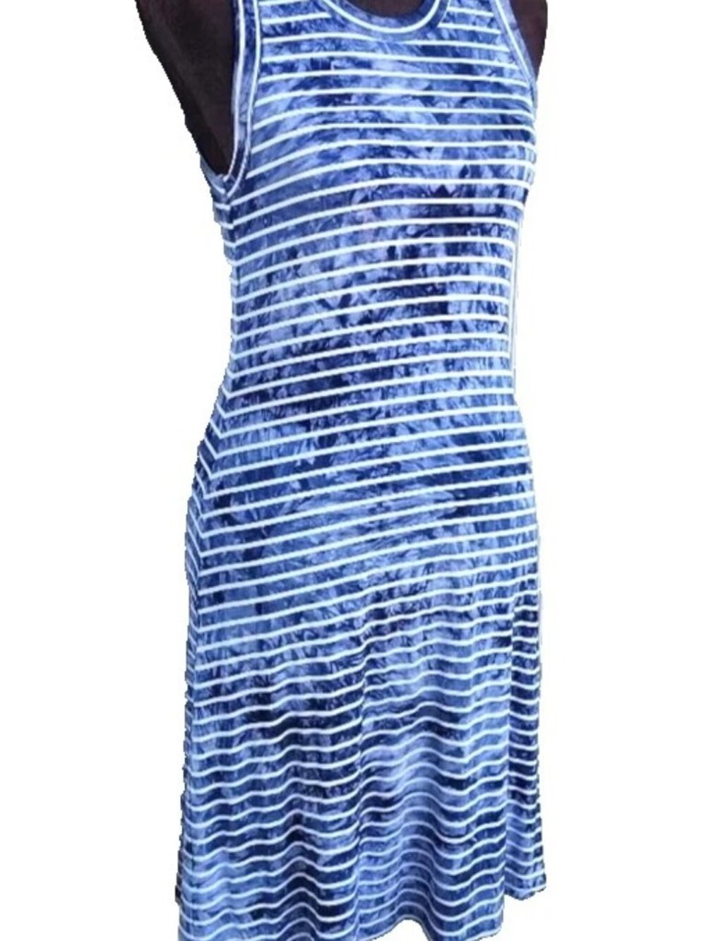 KAREN by Karen Kane Dress Sleeveless Striped Blue White Casual Shift L Sheath